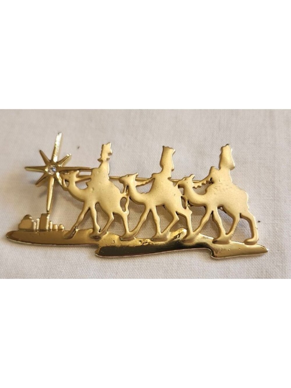 Vintage Three Wise Men Gold-Tone Christmas Pin Star & Rhinestone Accent